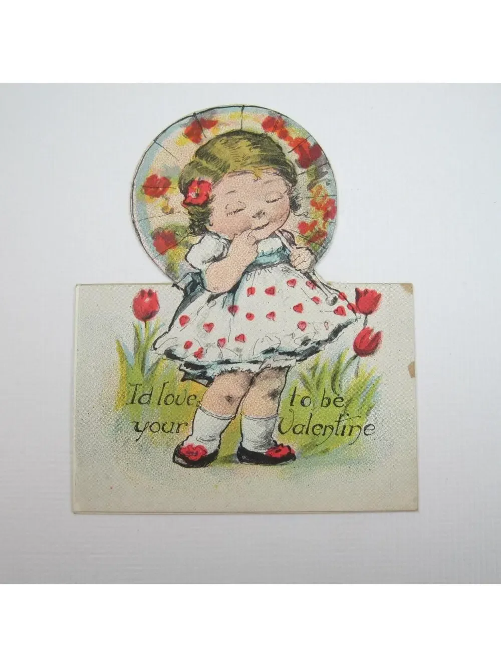 Vintage Valentine Cutout Card Stand Up Blonde Girl Parasol 1920s-30s UNSIGNED